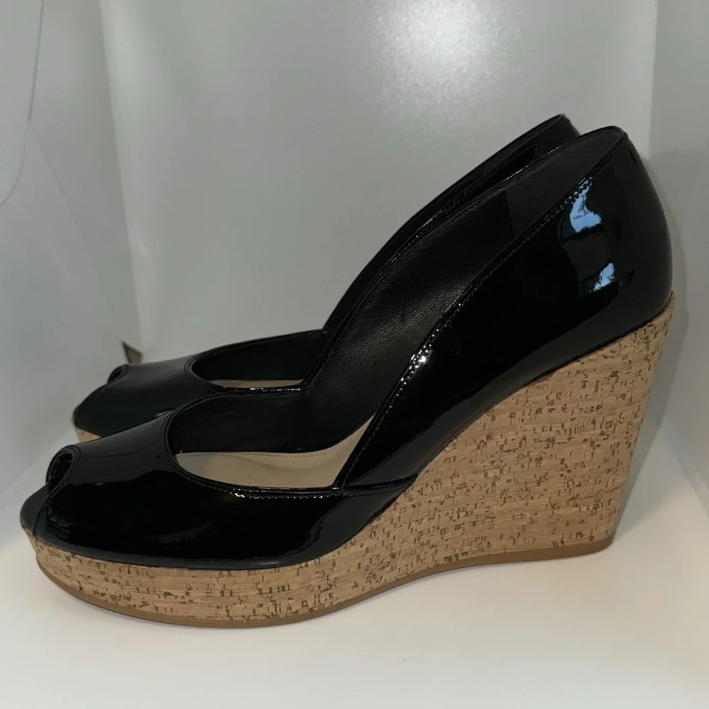 Via Spiga Black Patent Leather & Cork Platform Wedges Peep Toe Women’s 8